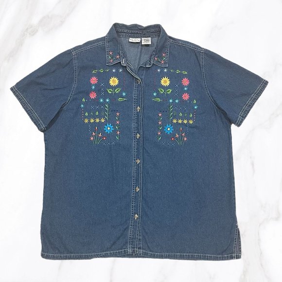 Vintage Bobbie Brooks Spring Embroidered Denim Short Sleeved Shirt, Size 18W/20W - Picture 1 of 4